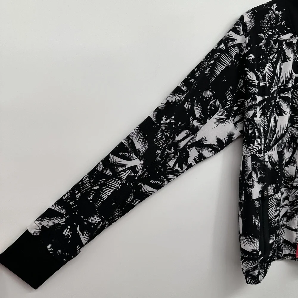 Fabletics Jacket Womens Large Black White Palm Print Full Zip Athletic Pockets‎